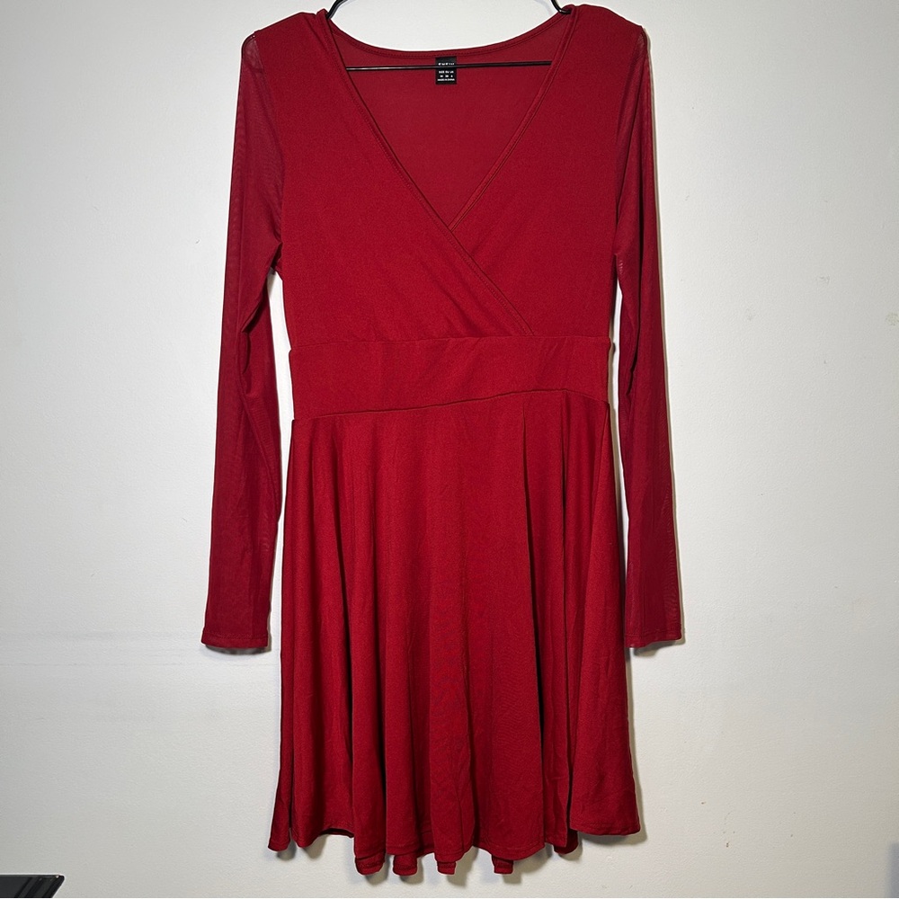 SHEIN Red Long Sleeve Dress Sheer Sleeves